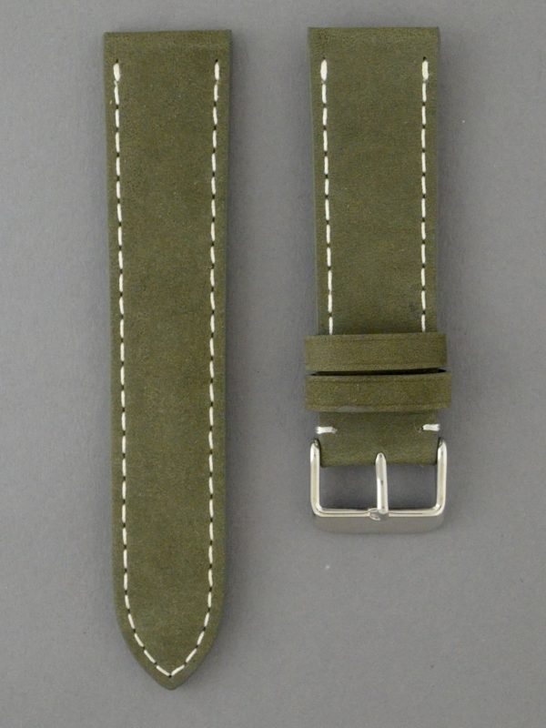 BC3-1 麂皮風格平身牛皮錶帶 - 軍綠色搭白色縫線
