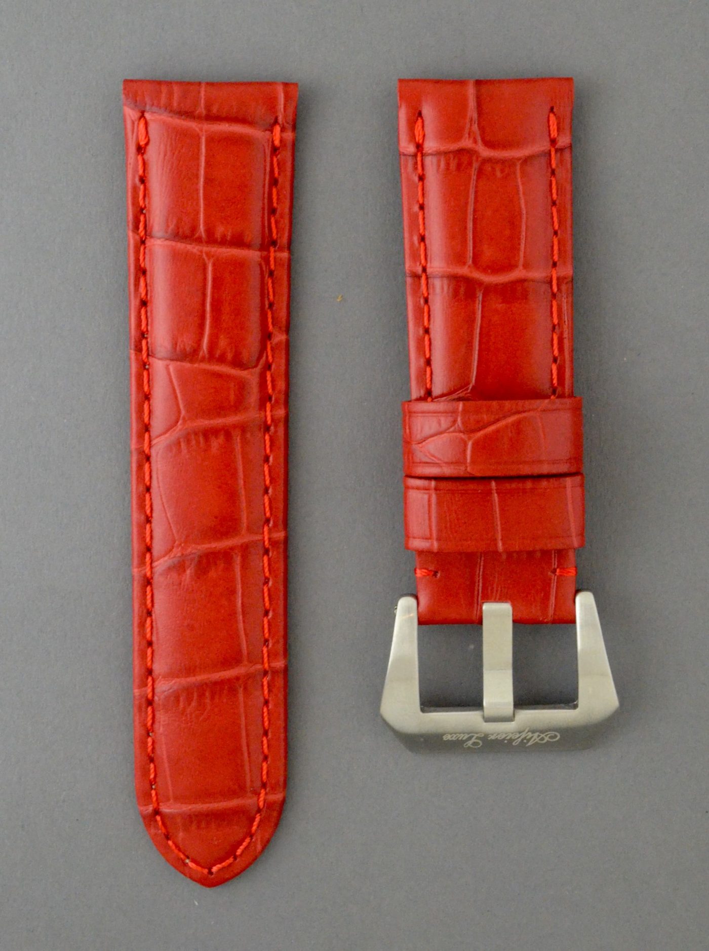 OPKF 壓鱷魚紋立體帶身牛皮錶帶 - 亮紅色（適用 Panerai 沛納海錶款）