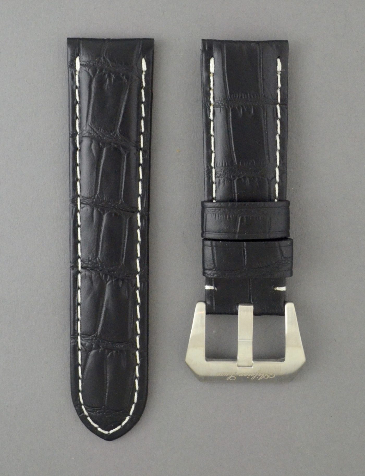 OPKF 壓鱷魚紋立體帶身牛皮錶帶 - 黑色搭白色縫線（適用 Panerai 沛納海錶款）