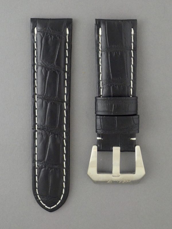 OPKF 壓鱷魚紋立體帶身牛皮錶帶 - 黑色搭白色縫線（適用 Panerai 沛納海錶款）
